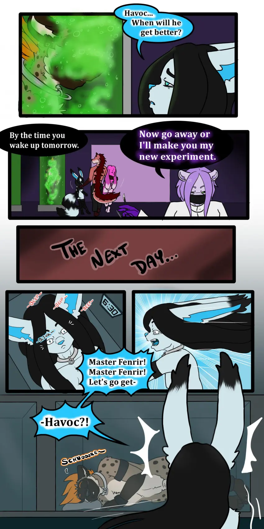 Image clothing,female,hi_res,pants,male,anthro,text,absurd_res,comic,collar,canid,canine,canis,mammal,wolf,english_text,male_focus,speech_bubble,furniture,fox,hybrid,topwear,lagomorph,leporid,rabbit,group,sleeping,bottomwear,procyonid,cuffs_(clothing),lab_coat,hyena,coat,maned_wolf,clock,alarm_clock,face_mask,snoring,spade_(tatsuchan18),tatsuchan18,bassariscus,ring-tailed_cat,daisy_(tatsuchan18),fenrir_(tatsuchan18),havoc_(tatsuchan18),mink_(tatsuchan18),vat
