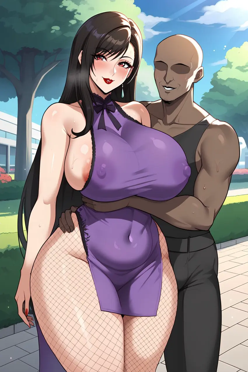 Image big_breasts,breasts,female,red_eyes,1boy,male,sweat,thick_thighs,dark-skinned_male,ai_generated,dress,red_lipstick,final_fantasy,final_fantasy_vii,tifa_lockhart,fishnets,nipples_visible_through_clothing,mexkwigo,hugging_from_behind