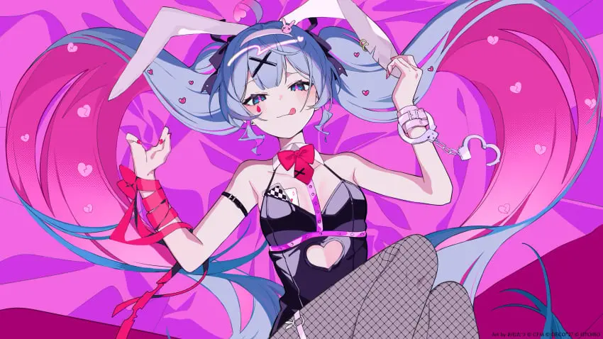 Image 1girls,blush,breasts,female,hair_ornament,looking_at_viewer,solo,very_long_hair,absurdres,animal_ears,blue_eyes,blue_hair,tongue_out,tongue,earrings,small_breasts,multicolored_hair,collarbone,eyebrows,eyebrows_visible_through_hair,headband,pink_hair,:q,hairclip,nail_polish,rabbit_ears,ahoge,twintails,colored_inner_hair,purple_theme,fishnets,playboy_bunny,hatsune_miku,vocaloid,leotard,o-ring,thigh_strap,cuffs,pantyhose,bowtie,pink_ribbon,ribbons,hearts,red_nails,twitter_username,red_nail_polish,official_art,black_leotard,handcuffs,fishnet_pantyhose,bedsheets,twitter_link,x_hair_ornament,card,white_headband,heart_cutout,black_earrings,pink_theme,clothing_cutout,o-ring_thigh_strap,purple_pantyhose,teardrop_facial_mark,mv_character,playing_card,pink_bed_sheet,rabbit_hole_(vocaloid),pink_bowtie,rabbit_hole_(deco*27/caststation),copyright_notice,pink_pupils,halftone,broken_heart,heart_hair_ornament,ace_of_hearts,halftone_dots,heart_hairband,omutatsu,ace_(playing_card)