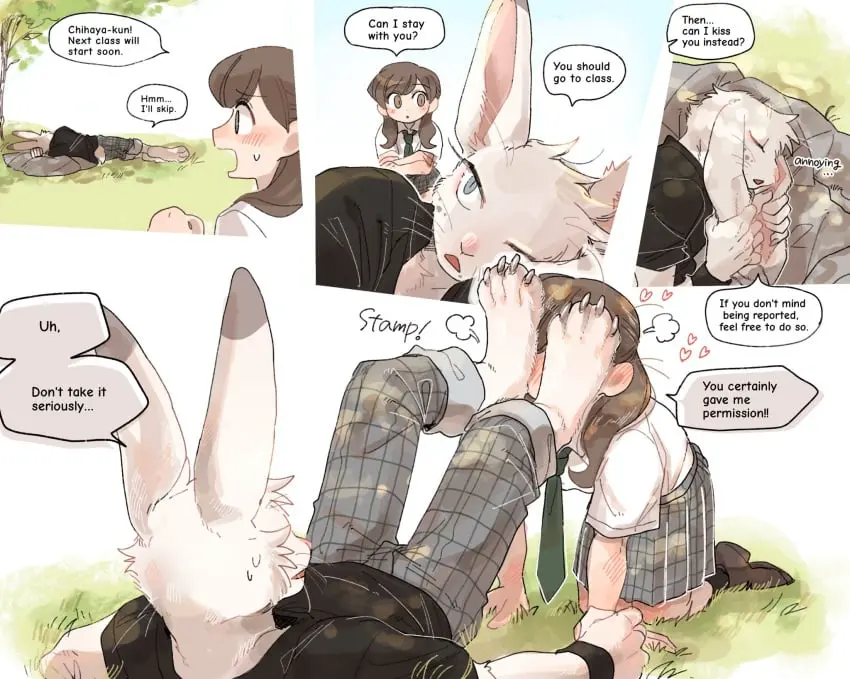 Image blush,female,hi_res,human,mostly_clothed,male,barefoot,duo,feet,male/female,anthro,text,foot_fetish,mammal,male_foot_fetish,english_text,interspecies,submissive,submissive_female,outside,human_on_anthro,heart_symbol,foot_focus,male_feet,foot_on_face,stepping_on_face,kissing_feet,stomped,female_licking_male,kissing_foot,ng_hus,rabbit's_foot