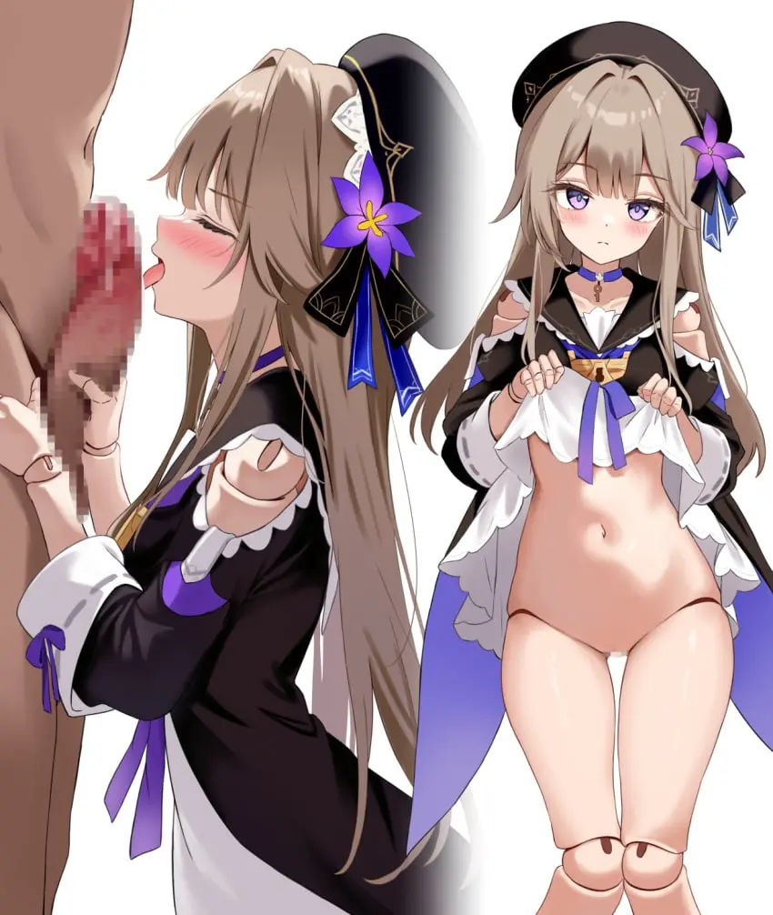 Image blush,female,hair_ornament,highres,long_hair,long_sleeves,looking_at_viewer,open_mouth,simple_background,white_background,1boy,licking,licking_penis,male,navel,oral,penis,pussy,tongue_out,choker,tongue,hat,erection,fellatio,solo_focus,thigh_gap,dress,purple_eyes,censored,brown_hair,mosaic_censoring,dress_lift,lifted_by_self,closed_mouth,black_dress,clothes_lift,flower,hair_flower,multiple_views,beret,black_hat,honkai:_star_rail,penis_grab,honkai_(series),doll_joints,clothing_cutout,shoulder_cutout,joints,purple_flower,purple_choker,herta_(honkai:_star_rail),thalia