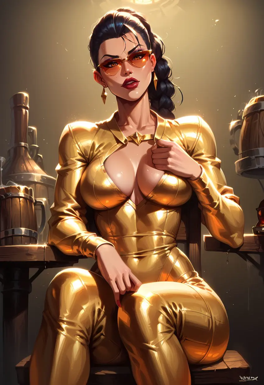 Image 1girls,female,shiny_skin,ai_generated,shiny,stable_diffusion,latex,bodysuit,league_of_legends,gold,sunglasses,tinted_eyewear,smoke600,vayne