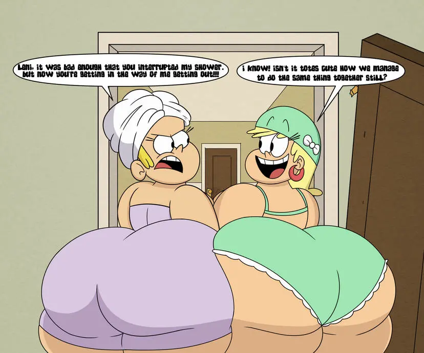 Image wide_hips, fat_ass, swimsuit, expansion, text_bubble, obese, ass_bigger_than_head, weight_gain, lori_loud, the_loud_house, arguing, leni_loud, stuck_in_doorway, altzegoz_(artist), broken_door, wearing_towel