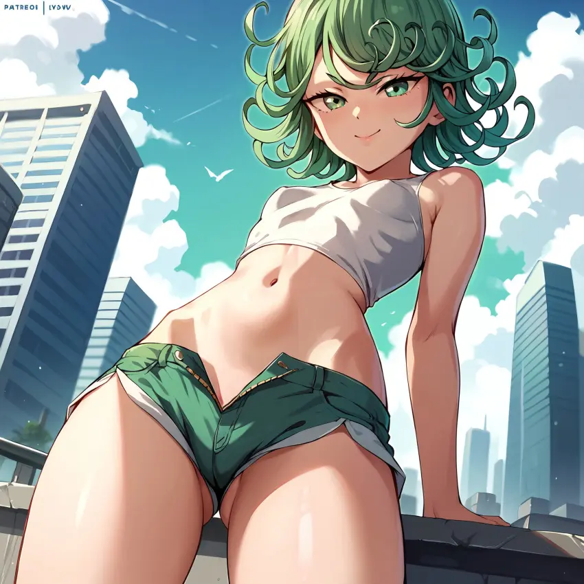 Image 1girls,breasts,female,female_only,smile,solo,navel,small_breasts,ai_generated,green_hair,shorts,tank_top,one-punch_man,tatsumaki,henrychrist