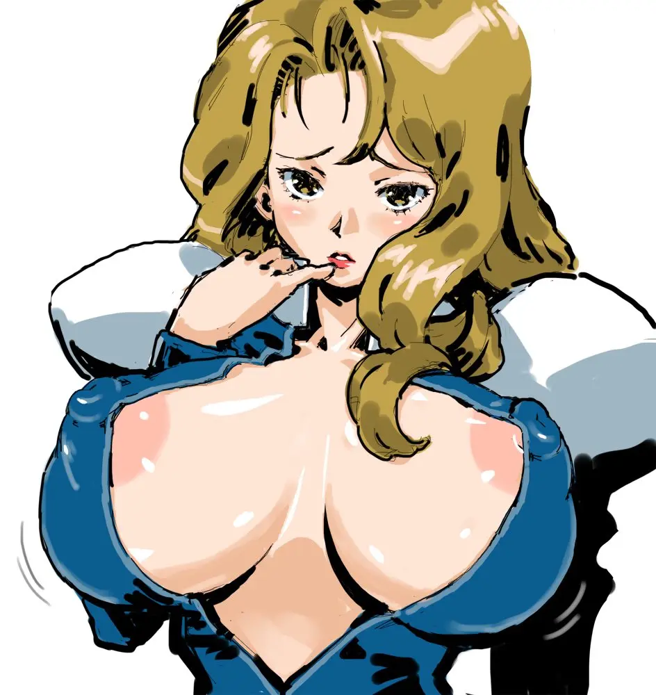 Image 1girls,breasts,clothing,female,female_only,highres,long_hair,looking_at_viewer,simple_background,solo,white_background,yellow_eyes,seductive,areolae,cleavage,teeth,wavy_hair,huge_breasts,blonde_hair,cleavage_cutout,red_lipstick,tight_clothing,revealing_clothes,lipstick,bouncing_breasts,matching_hair/eyes,nipple_bulge,areola_slip,juliet_sleeves,finger_to_mouth,2018,10s,petitdry,macross,macross_7,rex_(macross_7)