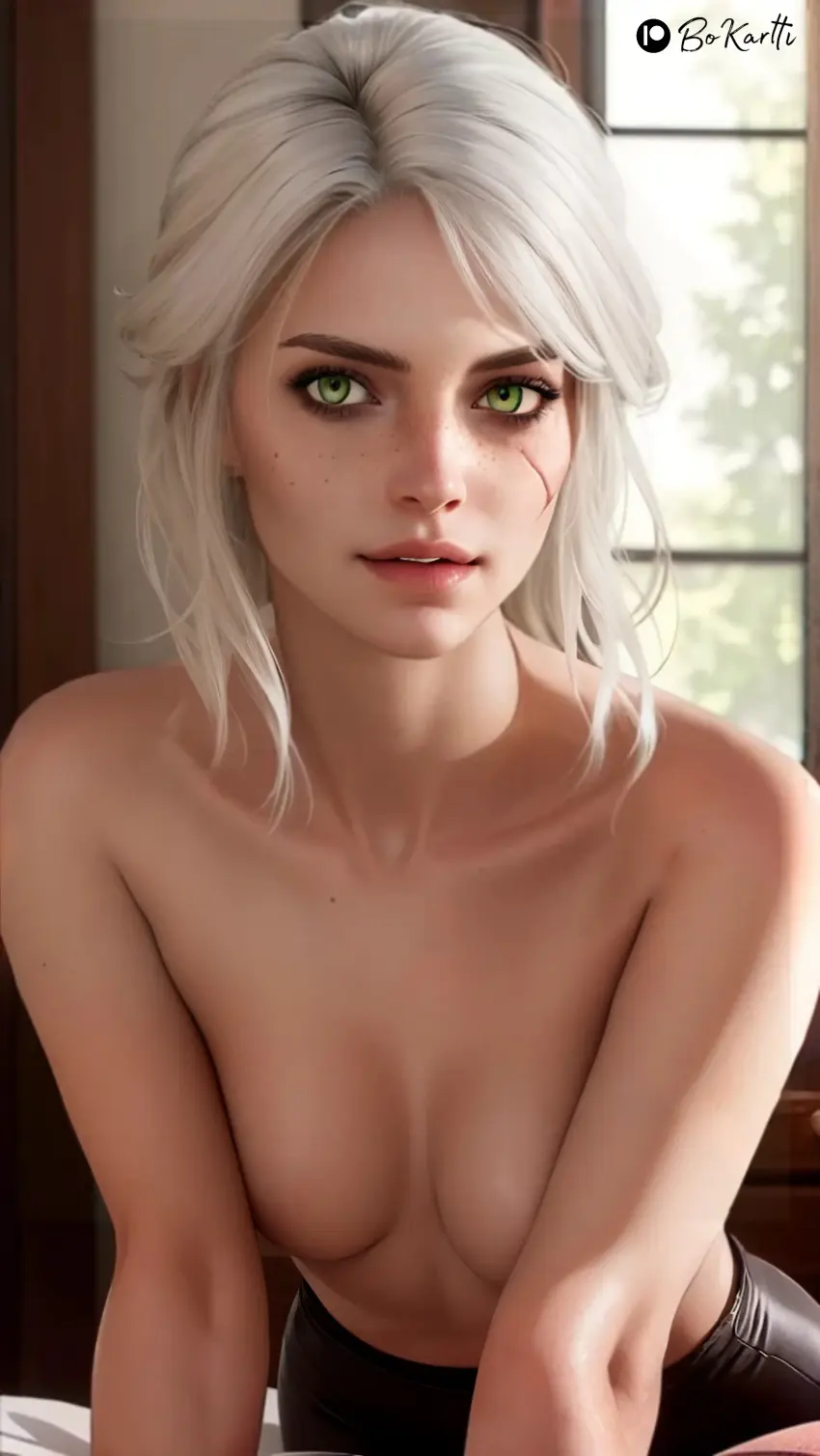 Image breasts,female,light-skinned_female,looking_at_viewer,solo,white_hair,freckles,ai_generated,green_eyes,scar,half-dressed,ciri,the_witcher_(series),the_witcher_3:_wild_hunt,half_naked,bokartti