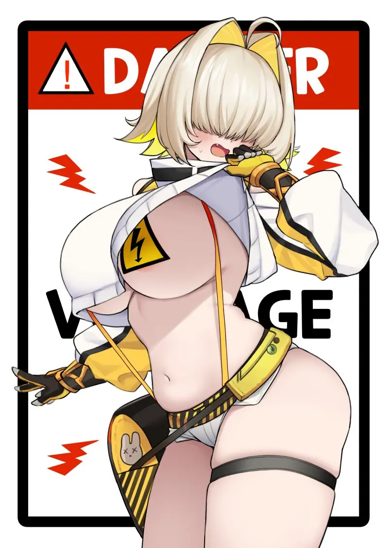 Image 1girls,blush,breasts,female,female_only,no_bra,solo,gloves,navel,cute_fang,embarrassed,huge_breasts,blonde_hair,ahoge,skindentation,hair_intakes,clothes_lift,goddess_of_victory:_nikke,shirt_lift,pasties,shorts,surprised,thigh_strap,booty_shorts,elegg_(nikke),hair_over_eyes,short_shorts,surprised_face,nago_purin