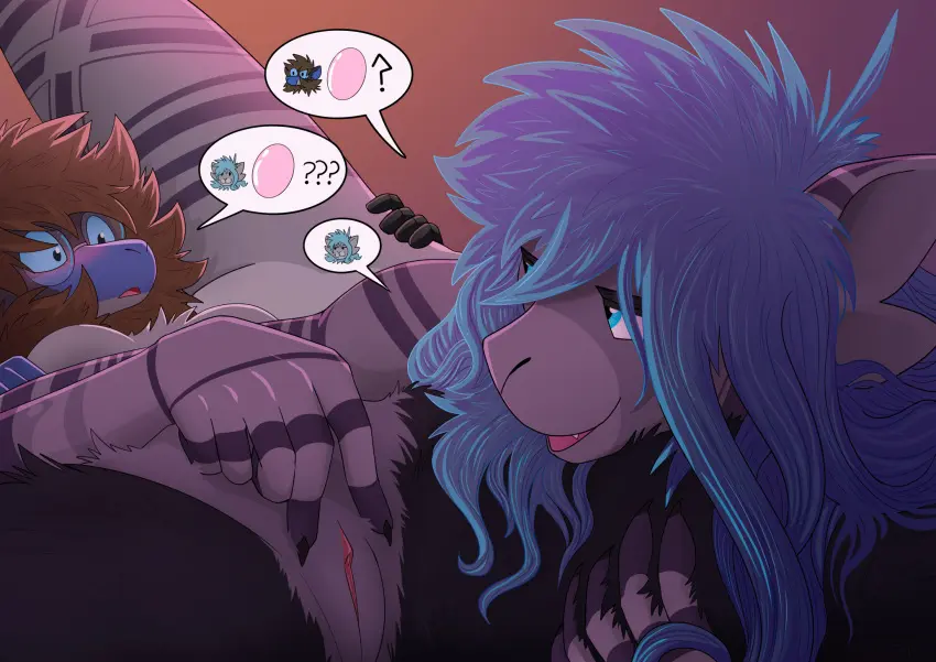 Image blush,female,hi_res,long_hair,blue_hair,pussy,duo,eyewear,glasses,hair,size_difference,anthro,brown_hair,genitals,mammal,dialogue,looking_at_another,eye_contact,female/female,fingers,speech_bubble,murid,murine,rat,rodent,holding_leg,close-up,egg,hairless,6_fingers,circe_(pankallisti),pankallisti,fingers_on_crotch,kerkeia_(pankallisti)
