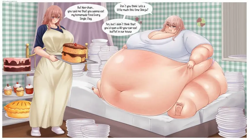 Image 2023,big_breasts,breasts,female,light-skinned_female,light_skin,long_hair,2girls,navel,thick_thighs,thighs,wide_hips,belly,big_belly,cleavage,huge_breasts,pink_hair,brown_hair,dialogue,english_text,speech_bubble,fat,fat_female,overweight,overweight_female,fat_fetish,fat_rolls,morbidly_obese,morbidly_obese_female,obese,ssbbw,ussbbw,bbw,obese_female,food,fat_thighs,stuffed_belly,weight_gain,gigantic_belly,immobile,belly_overhang,sono_bisque_doll_wa_koi_wo_suru,cake,fat_belly,feederism,feeding,stuffing,double_chin,fat_arms,educabezon,inui_shinju,death_feederism,empty_plates,inui_sajuna