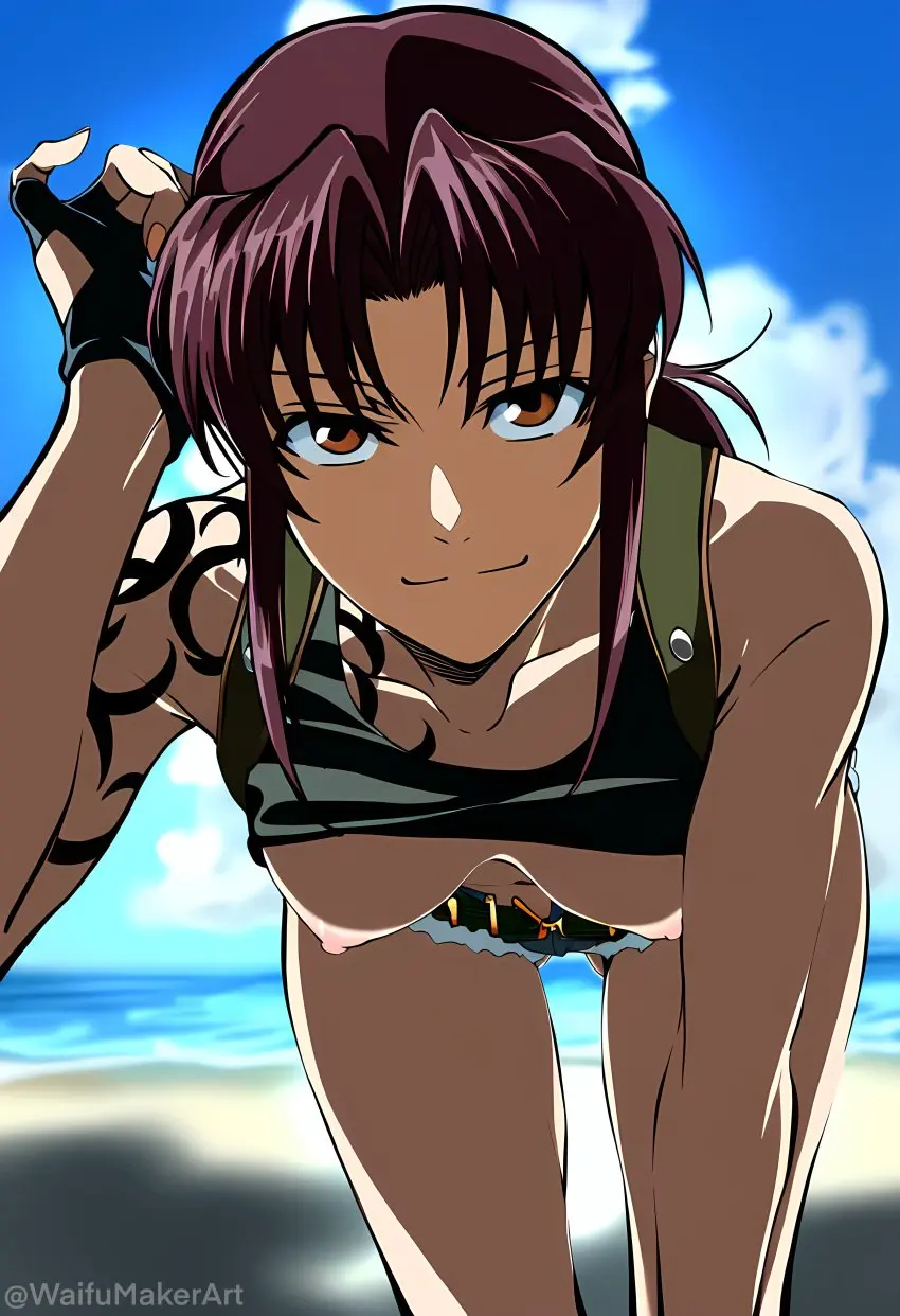 Image 1girls,breasts,breasts_out,female,looking_at_viewer,nipples,smile,beach,ai_generated,bent_over,shirt_lift,short_shorts,tits_out,black_lagoon,revy,fixing_hair,waifumakerart