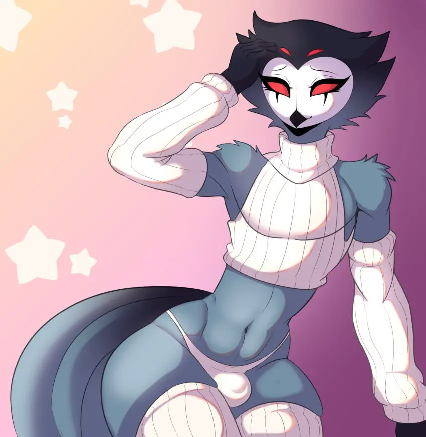 Image clothing,grey_hair,hi_res,looking_at_viewer,red_eyes,shirt,simple_background,smile,solo,male,navel,short_hair,white_legwear,panties,underwear,thick_thighs,femboy,white_clothing,hair,anthro,demon,absurd_res,bulge,fur,grey_body,grey_fur,thong,legwear,biped,star,avian,bird,owl,helluva_boss,topwear,detailed_bulge,crop_top,leggings,male_anthro,owl_demon,white_face,stolas_(helluva_boss),white_leggings,tocatao