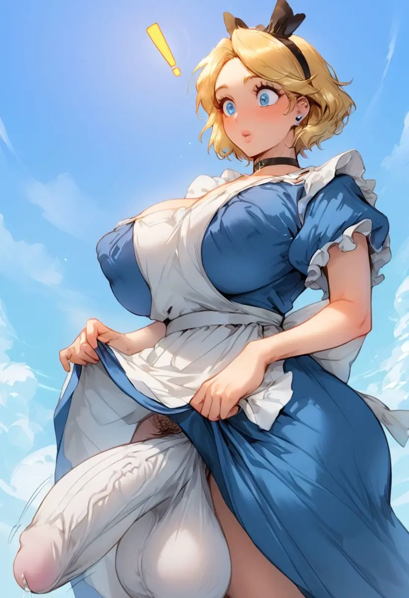 Image breasts,solo,blue_eyes,penis,short_hair,1futa,futanari,intersex,ai_generated,hairband,balls,huge_cock,huge_breasts,blonde_hair,public_domain,dress,futa_only,pubic_hair,bulge,apron,huge_balls,alternate_hairstyle,literature,penis_bulge,alice_in_wonderland,crotch_bulge