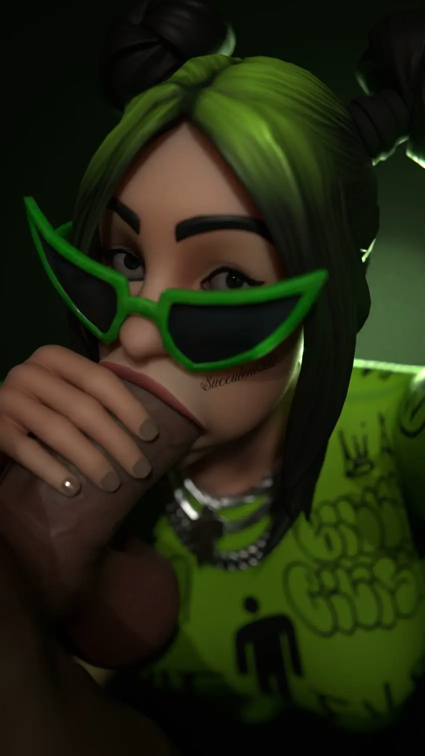Image big_breasts, breasts, female, looking_at_viewer, male, penis, big_penis, fellatio, multicolored_hair, dark_skin, glasses, fortnite, thick_ass, blowjob, deepthroat, green_hair, big_eyes, sunglasses, looking_over_eyewear, looking_over_glasses, looking_over_sunglasses, tinted_eyewear, internal, latino_male, tan-skinned_male, billie_eilish, billie_eilish_(fortnite), teen_boy, succulent3d