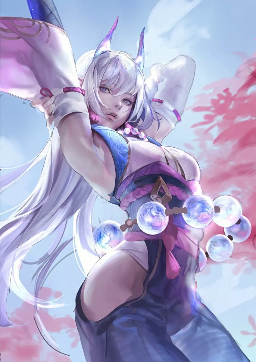 Image 1girls,clothed,clothing,female,long_hair,solo,white_hair,armpits,horns,arms_up,clothed_female,solo_female,solo_focus,purple_eyes,pose,posing,no_panties,league_of_legends,armwear,oni_horns,silver_hair,arms_behind_back,armpit,armpit_crease,syndra,kassian.art,spirit_blossom_series,spirit_blossom_syndra