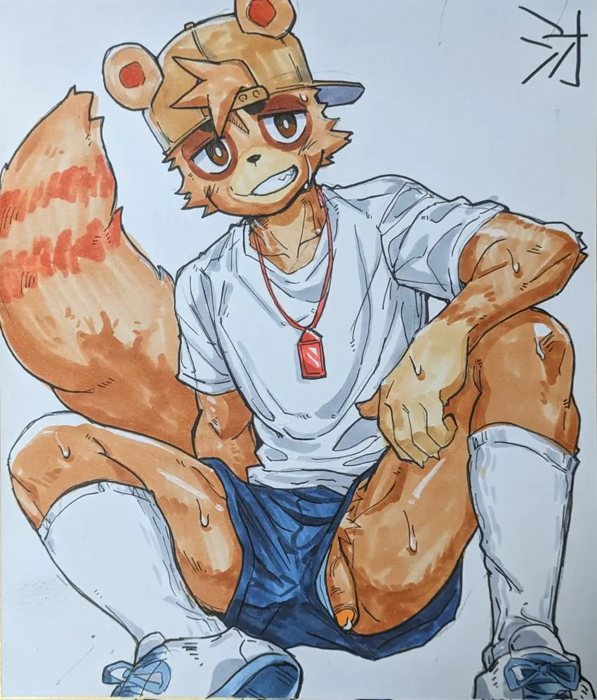 Image clothing,hi_res,shiny_skin,solo,male,penis,sweat,hat,headwear,male_only,yaoi,headgear,anthro,gay,genital_fluids,bodily_fluids,genitals,mammal,precum,glistening,glistening_body,raccoon,male_focus,wardrobe_malfunction,gay_male,procyonid,traditional_media_(artwork),shiny_body,baseball_cap,penis_through_leghole,backwards_hat,backwards_baseball_cap,poking_out,leeksaltboy