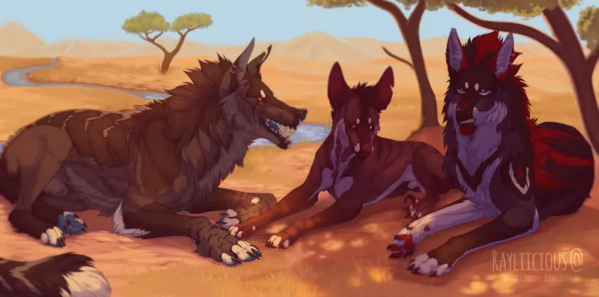 Image hi_res,looking_at_viewer,open_mouth,red_eyes,blue_eyes,male,lying,sky,artist_name,shadow,teeth,piercing,canid,fur,genitals,grey_body,grey_fur,mammal,black_body,fangs,ear_piercing,heterochromia,outside,tree,brown_fur,animal_genitalia,markings,plant,sheath,brown_body,feral,group,trio,blue_sky,feral_only,black_fur,pawpads,red_pawpads,grass,ear_ring,ring_piercing,on_front,blue_pawpads,dog_tags,river,red_markings,fully_sheathed,bared_teeth,notched_ear,rayliicious
