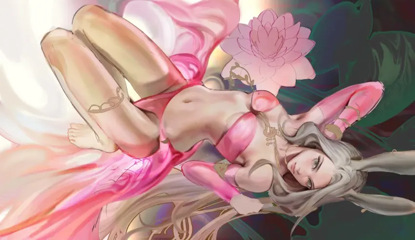 Image female,grey_hair,long_hair,final_fantasy,flower,final_fantasy_xiv,viera,pink_clothing,kassian.art