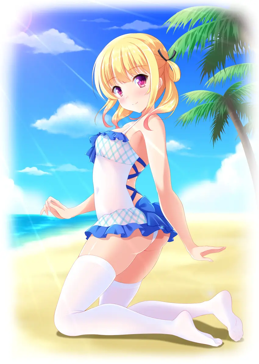 Image 1girls,female,female_only,looking_at_viewer,ass,smiling,smiling_at_viewer,blonde_hair,swimsuit,purple_eyes,white_panties,white_stockings,beach_background,shoeless,八神晨月