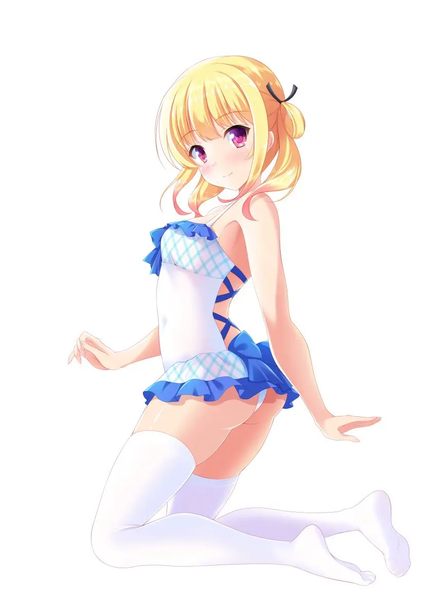 Image 1girls,female,female_only,looking_at_viewer,white_background,ass,smiling,smiling_at_viewer,blonde_hair,swimsuit,purple_eyes,white_panties,white_stockings,shoeless,八神晨月