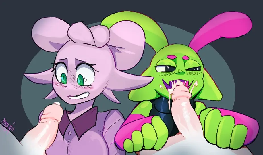 Image open_mouth,smile,cum,cum_in_mouth,cum_on_face,cum_on_tongue,penis,eyebrows,green_skin,ejaculation,blowjob,black_eyes,turtleneck,alien,sucking,sucking_penis,alien/human,pink_gloves,white_pupils,green_ears,sploot_(unknownspy),unknownspy,pink_mouth,pink_eyebrows,phrenpai,green_antennae,pink_antennae