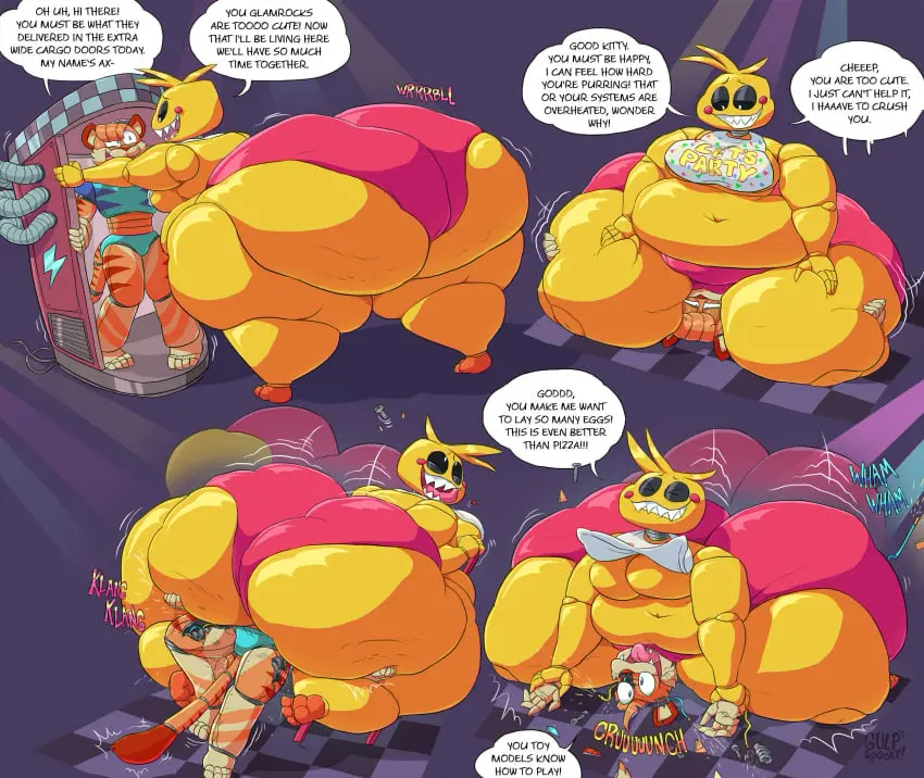 Image 1girls,breasts,female,smile,1boy,male,straight,huge_ass,thick_thighs,massive_ass,smiling,grin,grinning,huge_belly,anthro,fat_ass,text,thick_ass,sharp_teeth,tile_floor,ass_focus,thick_hips,imminent_death,sitting_on_person,text_bubble,detailed_background,obese,ssbbw,bbw,pink_panties,obese_female,five_nights_at_freddy's,bib,humping,fat_butt,sequence,toy_chica_(fnaf),rosy_cheeks,spotlight,fat_belly,thick_arms,death_by_snoo_snoo,chicken_girl,gulpspooky,animatronics,tiger_boy,axton_(ns22),blue_outfit,huge_toy_chica