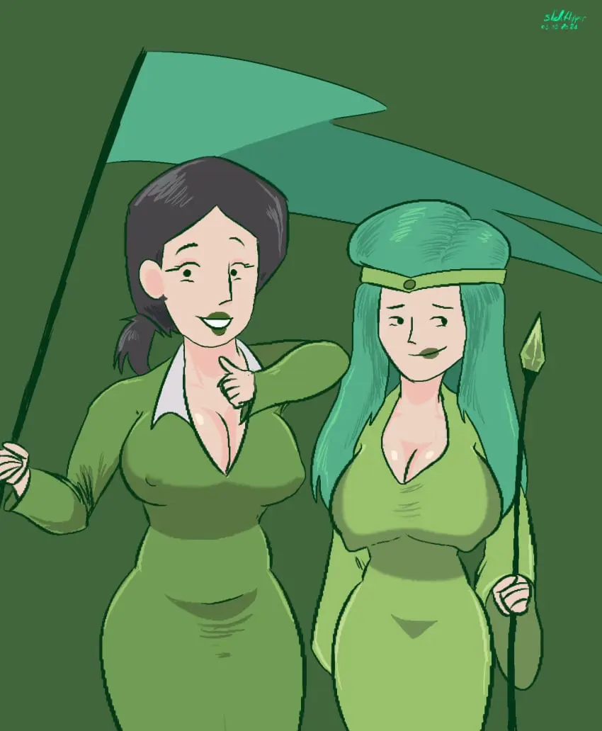 Image big_breasts,breasts,female,2girls,big_ass,big_butt,busty,green_hair,big_hips,green_background,green_clothing,staff,busty_female,bust,revealing_breasts,flag,slickflipper,16personalities,enfj,green_clothes,green_flag,infj,revealing_nipples