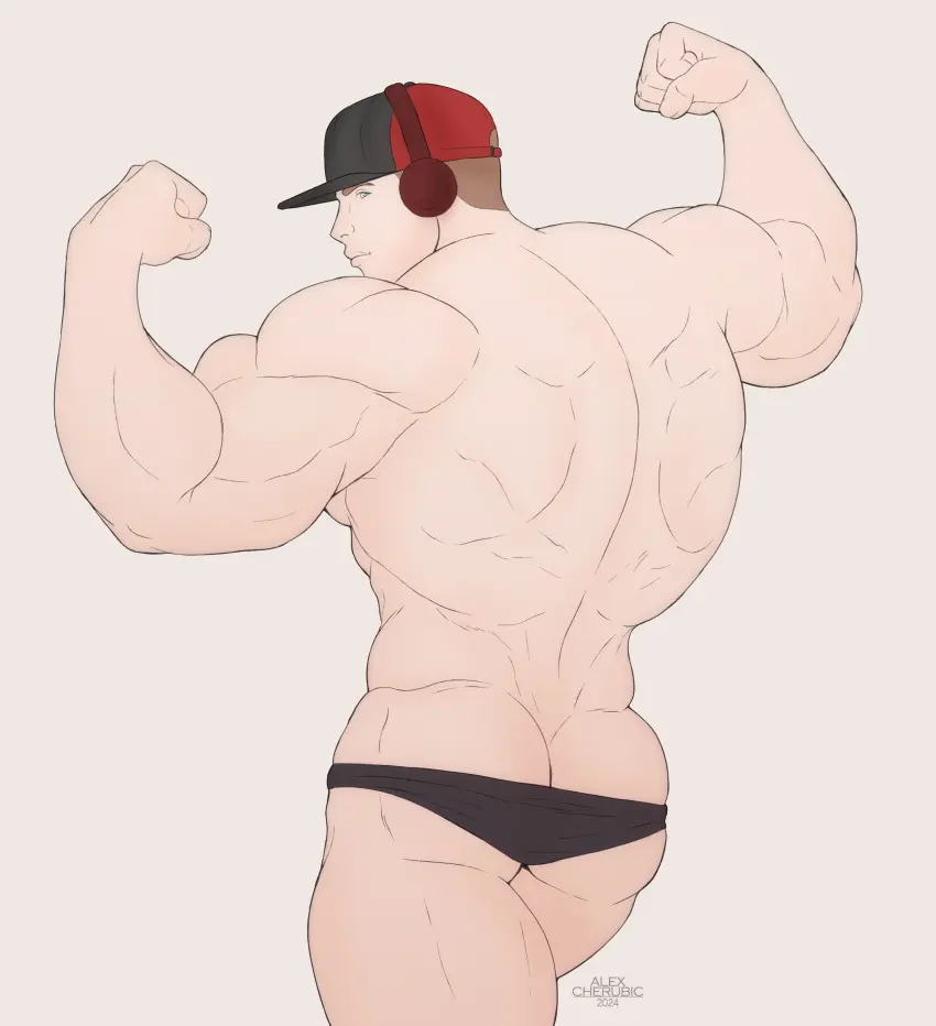 Image light_skin,looking_at_viewer,1boy,blue_eyes,male,underwear,ass,looking_back,headphones,male_only,light-skinned_male,original,brown_hair,biceps,ass_focus,back_view,cap,muscles,baseball_cap,flexing,alexcherubic
