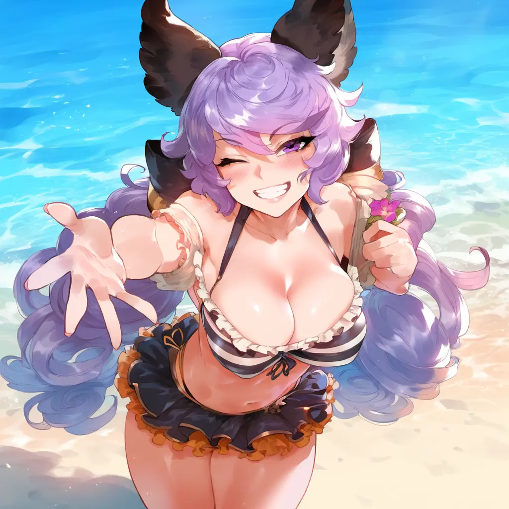 Image 1girls,big_breasts,breasts,female,looking_at_viewer,solo,ai_generated,from_above,pale-skinned_female,pale_skin,purple_hair,pov,twintails,granblue_fantasy,thiccwithaq_(ai_style),ldoe_art,satyr_(granblue_fantasy)