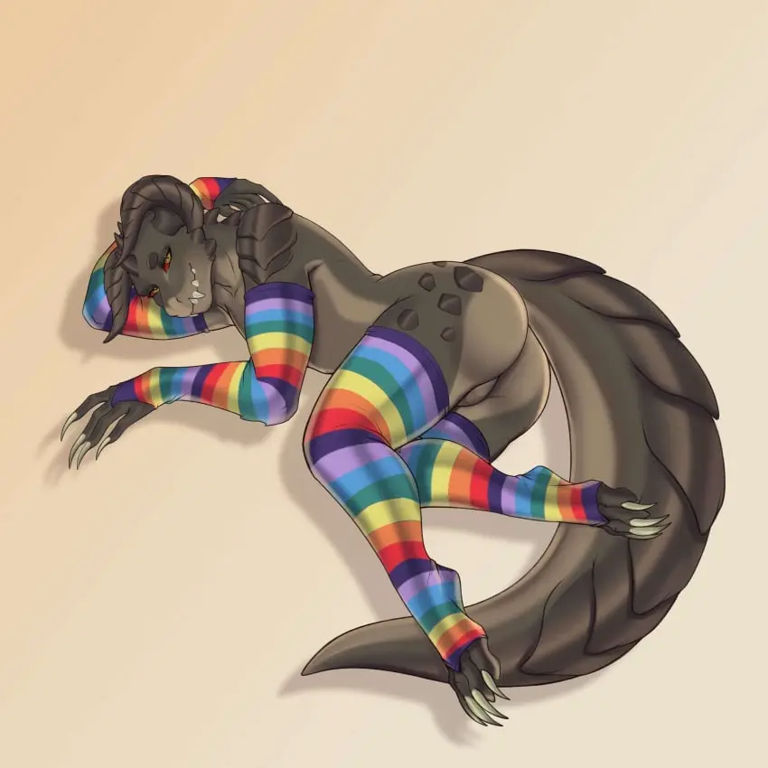 Image clothing,hi_res,looking_at_viewer,red_eyes,simple_background,solo,male,tail,lying,ass,thick_thighs,femboy,male_only,teeth,balls,anthro,stockings,genitals,claws,toe_claws,horn,fangs,legwear,thigh_highs,reptile,scales,scalie,slit_pupils,1:1,brown_body,armwear,multicolored_clothing,bethesda_softworks,deathclaw,fallout,microsoft,pupils,finger_claws,arm_warmers,thick_tail,brown_scales,multicolored_legwear,multicolored_stockings,rainbow_clothing,rainbow_legwear,rainbow_stockings,ashe_colter,mr_jager