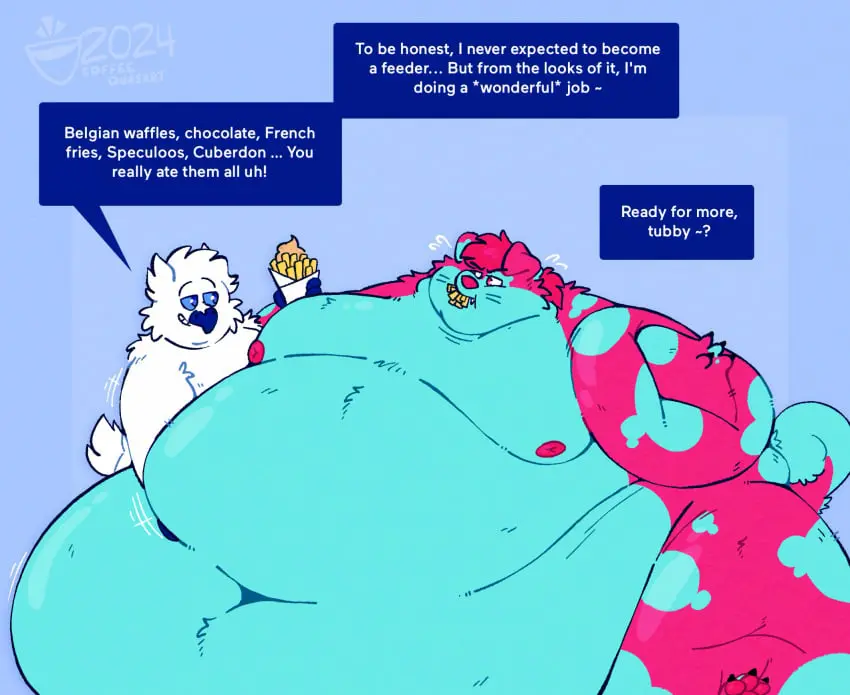 Image male,furry,2boys,belly,big_belly,anthro,canid,canine,canis,dialogue,english_text,fat_male,2024,bird,speech_bubble,fat,overweight,fat_fetish,fat_rolls,morbidly_obese,obese,moobs,overweight_male,food,obese_anthro,overweight_anthro,weight_gain,gigantic_belly,immobile,belly_overhang,obese_male,fat_belly,feederism,bhm,feeding,bird_boy,dog_boy,morbidly_obese_anthro,fatfur,morbidly_obese_male,ssbhm,ussbhm,blob,fat_arms,fat_anthro,fries,coffeequasar,frost_the_owl_(coffeequasar),newton_the_dog