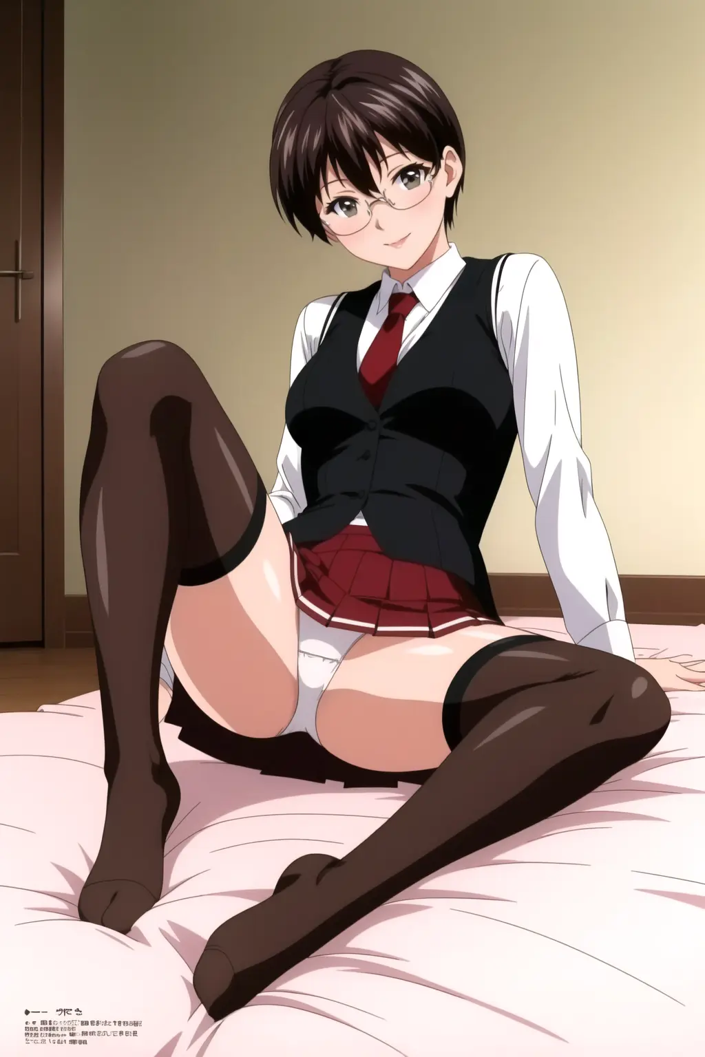 Image 1girls,blush,female,smile,short_hair,thighhighs,panties,smiling,tagme,spread_legs,schoolgirl,sitting,stockings,school_uniform,brown_hair,grey_eyes,skirt,white_panties,sitting_on_bed,bible_black,nonogusa_miyuki