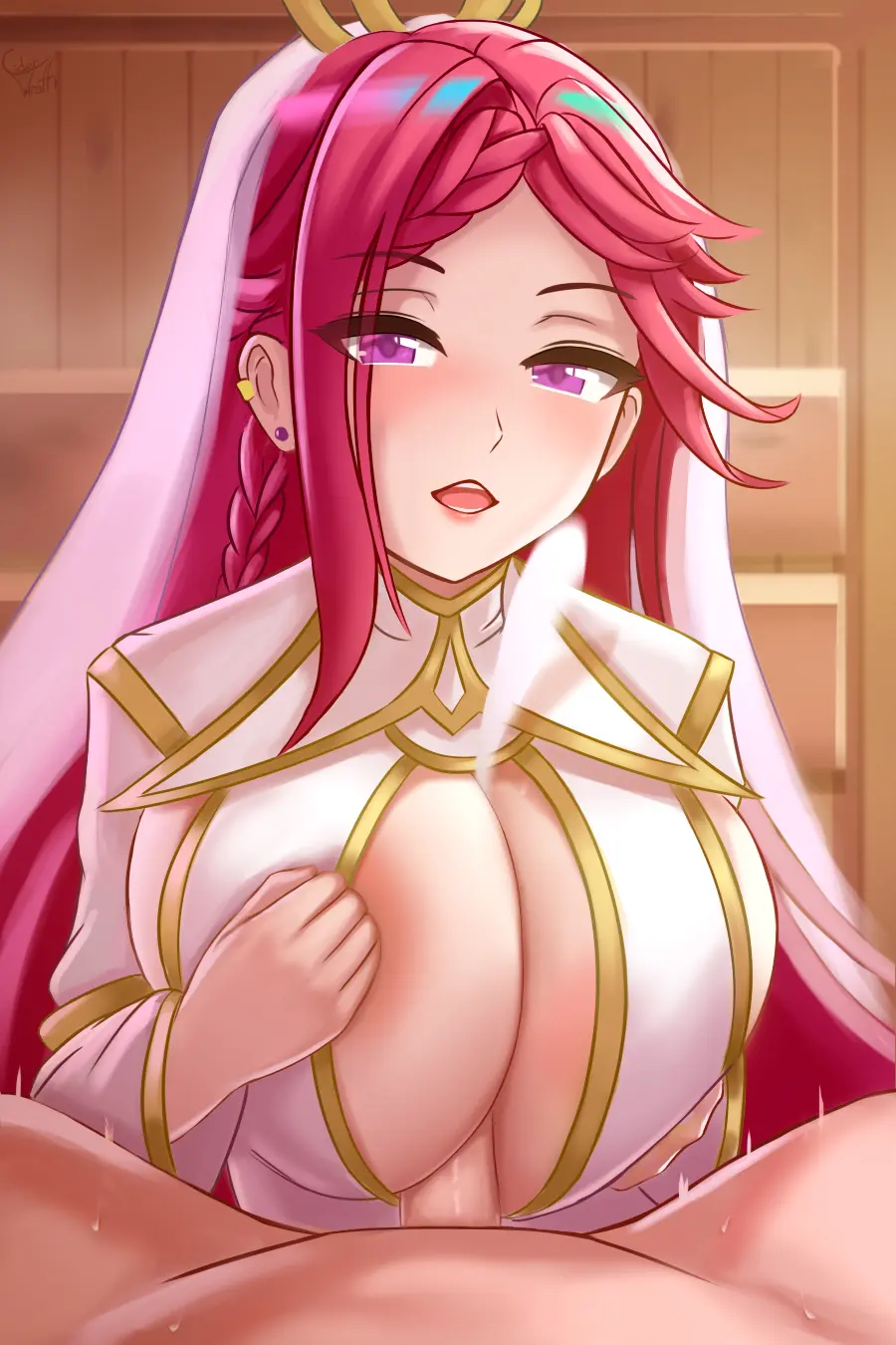 Image 1girls,breasts,female,light-skinned_female,light_skin,long_sleeves,open_mouth,smile,1boy,male,penis,sweat,red_hair,female_focus,areolae,cleavage,sideboob,solo_focus,huge_breasts,light-skinned_male,piercing,pink_eyes,paizuri,cleavage_cutout,half-closed_eyes,indoors,nintendo,braid,pov,male_pov,breast_press,revealing_clothes,see-through,ear_piercing,official_alternate_costume,alternate_costume,fire_emblem,fire_emblem_heroes,breast_squeeze,violet_hair,areola_slip,sauna,veil,loki_(fire_emblem),ciderwrath