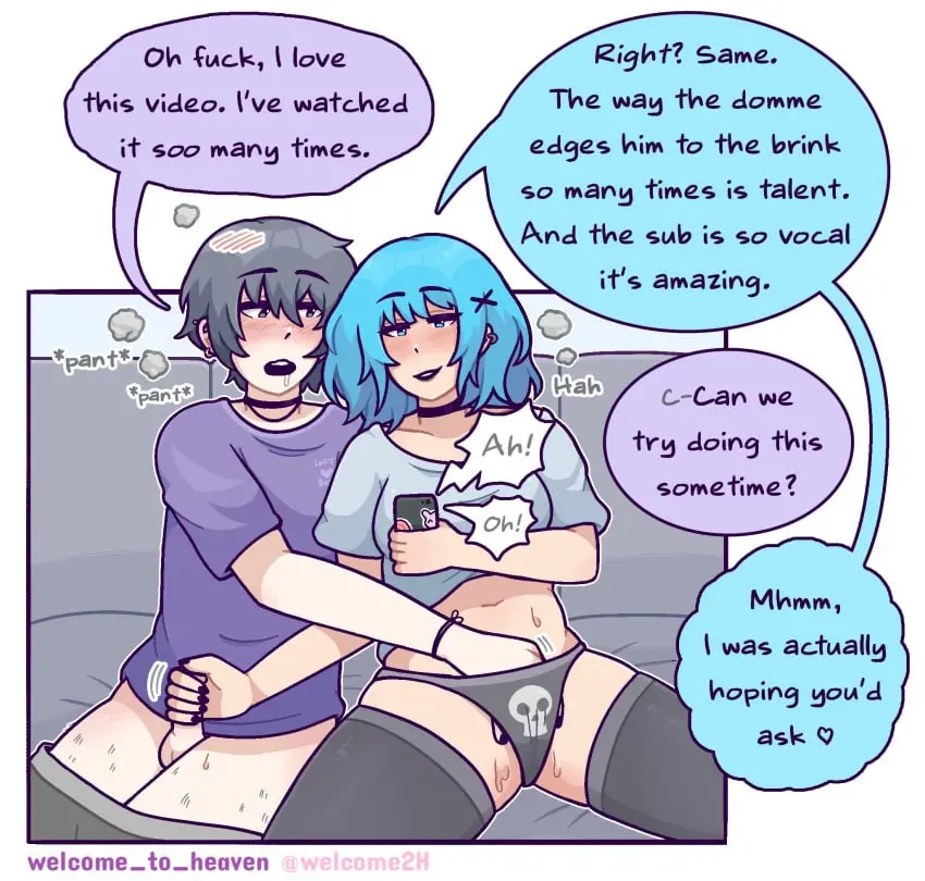 Image 1girls,blush,female,grey_hair,hi_res,smile,1boy,blue_eyes,blue_hair,male,straight,choker,panties,earrings,drooling,pants_down,text,sitting,nail_polish,original,couple,saliva,black_panties,grey_eyes,handjob,dialogue,fingering,girly,speech_bubble,no_pants,cellphone,panting,femboy_on_female,mutual_masturbation,male_with_painted_nails,watching_porn,hand_in_another's_panties,hand_in_panties,print_panties,watching_porn_while_having_sex,welcome_to_heaven,male_and_female