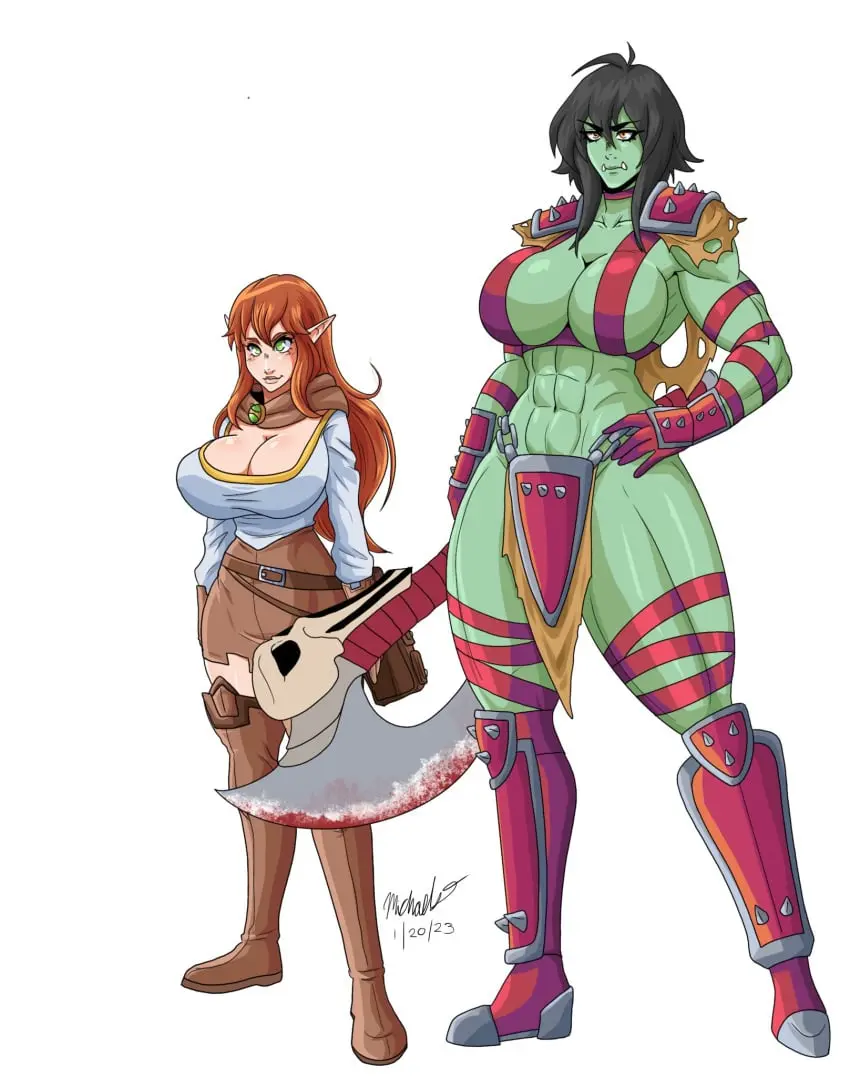 Image big_breasts,breasts,female,female_only,large_breasts,light-skinned_female,light_skin,long_hair,white_background,2girls,black_hair,multiple_girls,red_hair,thick_thighs,voluptuous,muscular,wide_hips,hips,waist,cleavage,digital_media_(artwork),huge_breasts,2d,voluptuous_female,elf,original,original_character,pointy_ears,busty,curvy,curvy_figure,hourglass_figure,slim_waist,revealing_clothes,2d_(artwork),elf_ears,elf_female,curvaceous,abs,original_characters,weapon,muscular_female,revealing_clothing,orc,armor,tusks,fantasy,orc_female,axe,ninja-8004,urzulah_(ninja-8004)