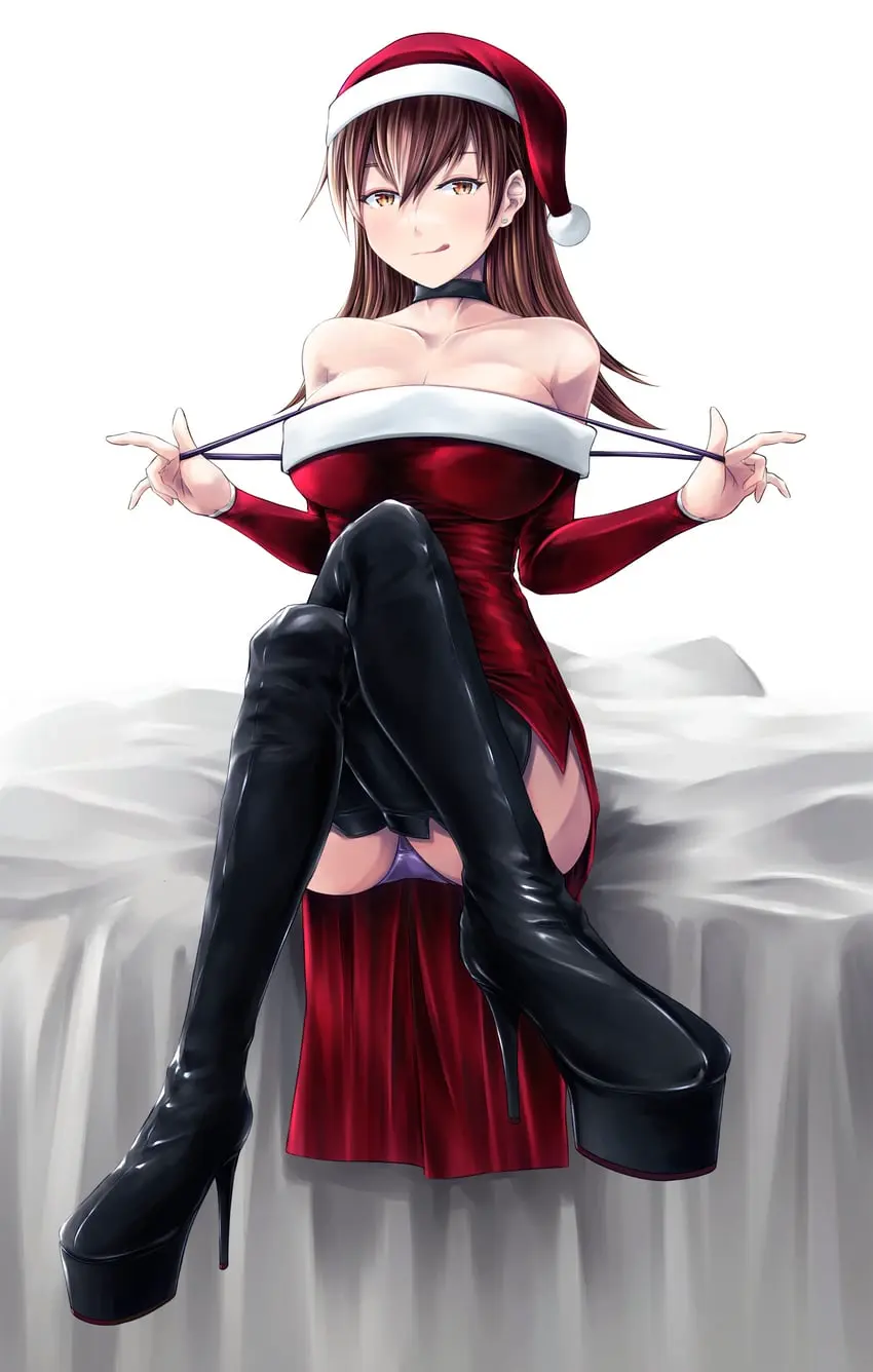 Image breasts,brown_eyes,female,highres,large_breasts,long_hair,looking_at_viewer,smile,solo,absurdres,gloves,tongue_out,panties,tongue,underwear,earrings,hat,jewelry,dress,brown_hair,detached_sleeves,hair_between_eyes,high_heels,alternate_breast_size,christmas,fur-trimmed_dress,fur_trim,red_dress,red_sleeves,alternate_costume,licking_lips,boots,kantai_collection,black_footwear,crossed_legs,red_hat,santa_hat,thigh_boots,purple_panties,stud_earrings,strap_pull,ooi_(kantai_collection),fur-trimmed_headwear,junk_life,santa_dress,santa_gloves