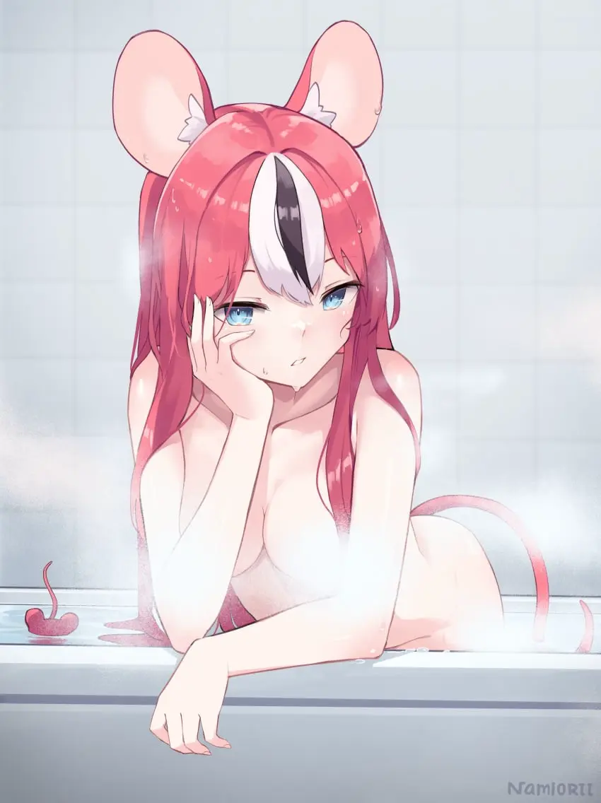 Image 1girls,breasts,female,female_only,highres,light-skinned_female,light_skin,long_hair,looking_at_viewer,solo,animal_ears,blue_eyes,nude,red_hair,female_focus,multicolored_hair,virtual_youtuber,water,solo_female,solo_focus,nude_female,vtuber,2d,medium_breasts,wet,hololive,hourglass_figure,bathroom,2d_(artwork),young,high_resolution,wet_body,front_view,younger_female,hololive_english,rat_ears,rat_tail,vtuberfanart,bathing,hakos_baelz,hololive_english_-council-,hololive_english_-promise-,bath,rat_girl,namiorii
