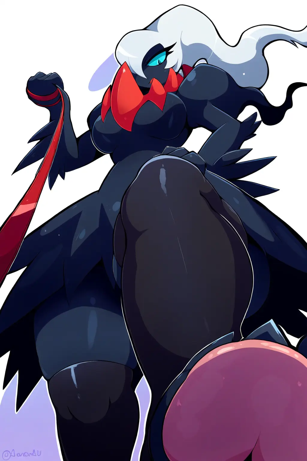 Image blue_eyes,pokemon,pokemon_(species),ai_generated,thigh_highs,leash,leashed_pov,looking_down_at_viewer,leash_pull,threatening,stepping_on_viewer,darkrai