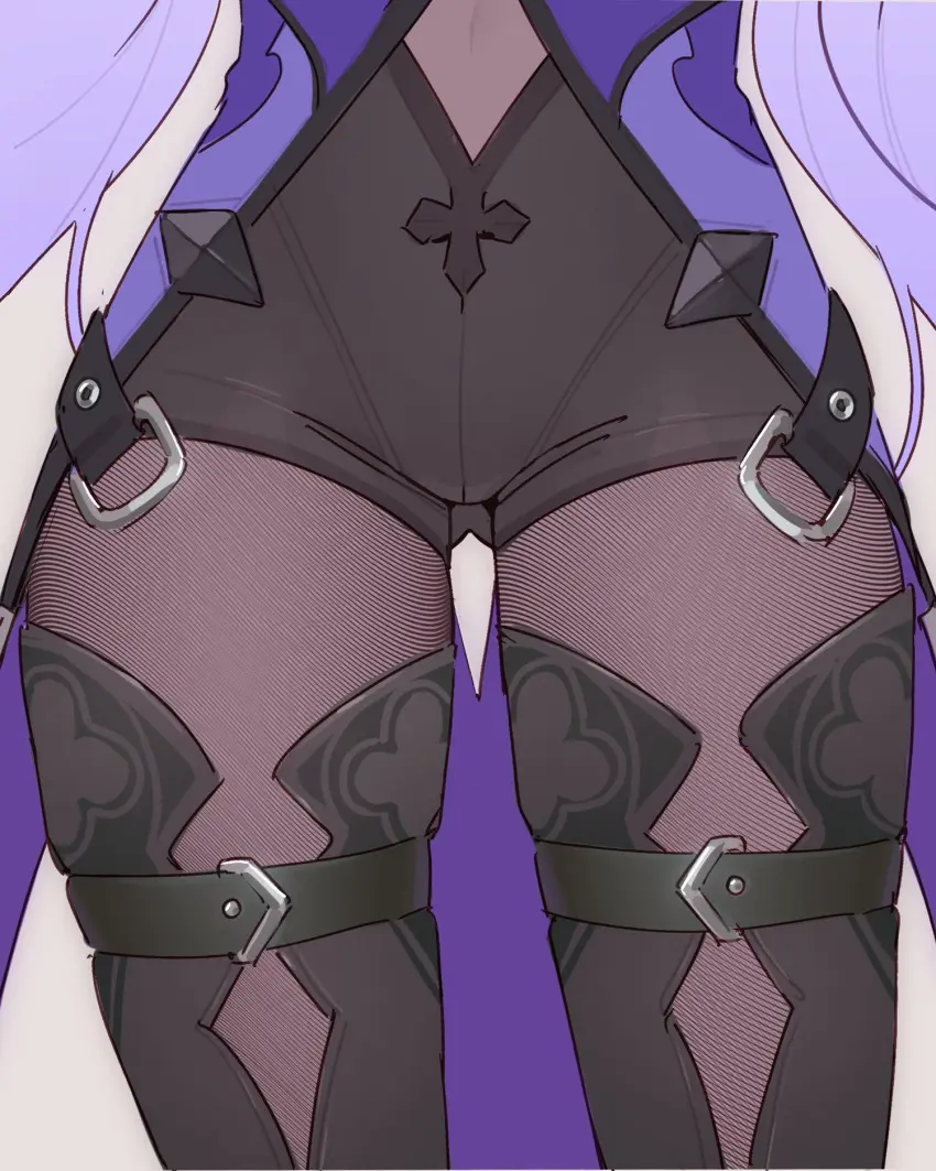 Image clothed,female,highres,long_hair,solo,very_long_hair,navel,thighhighs,wide_hips,thigh_gap,dress,purple_hair,belt,black_belt,covered_navel,shorts,pantyhose,honkai:_star_rail,close-up,honkai_(series),purple_dress,black_pantyhose,belt_buckle,buckle,hair_spread_out,black_swan_(honkai:_star_rail),pantyhose_under_shorts,liniora