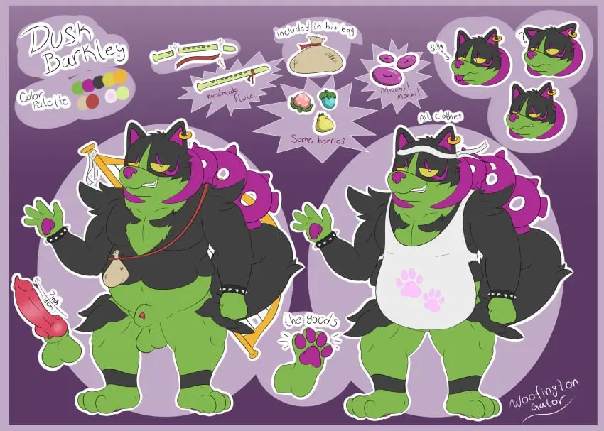 Image hi_res,simple_background,smile,solo,male,nude,penis,pokemon,pokemon_(species),tail,tongue_out,tongue,muscular,digital_media_(artwork),teeth,balls,anthro,text,red_penis,absurd_res,half-closed_eyes,nintendo,collar,slightly_chubby,canid,canine,fur,genitals,mammal,paws,black_body,english_text,narrowed_eyes,angry,green_body,animal_genitalia,animal_penis,canine_genitalia,canine_penis,knot,plant,sheath,gesture,hand_gesture,black_fur,pawpads,generation_9_pokemon,model_sheet,food,fruit,bag,green_fur,legendary_pokemon,border,purple_pawpads,musical_instrument,plucked_string_instrument,string_instrument,dusk_barkley_(woofington_gator),okidogi,toxic_chain,woofington_gator,flute,mochi,berry,harp,purple_border,wind_instrument,woodwind_instrument