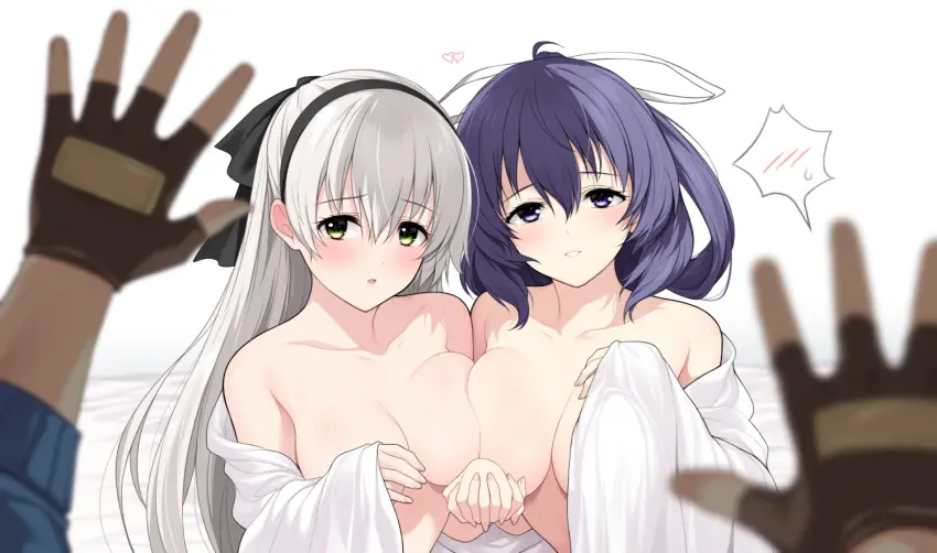 Image blush,bow,breasts,female,hairbow,large_breasts,long_hair,looking_at_viewer,simple_background,white_background,white_hair,1boy,2girls,blue_hair,gloves,male,multiple_girls,nude,green_eyes,medium_breasts,purple_eyes,pov,hair_between_eyes,breast_press,holding_hands,fingerless_gloves,double-parted_bangs,pov_hands,bow-shaped_hair,eiyuu_densetsu,brown_gloves,hakuleg,ao_no_kiseki,elie_macdowell,lloyd_bannings,rixia_mao,zero_no_kiseki