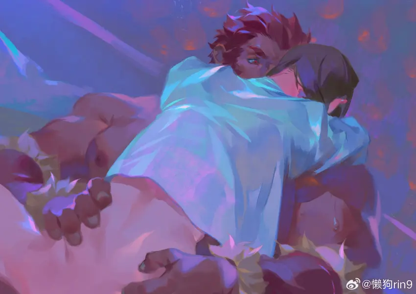 Image highres,nipples,red_eyes,shirt,black_hair,male,sweat,red_hair,muscular,muscular_male,2boys,yaoi,bara,multiple_boys,looking_at_another,white_shirt,commentary_request,pectorals,fate_(series),implied_sex,topless_male,chinese_commentary,hug,implied_yaoi,iskandar_(fate),weibo_watermark,hands_on_another's_back,rin9,waver_velvet,weibo_logo