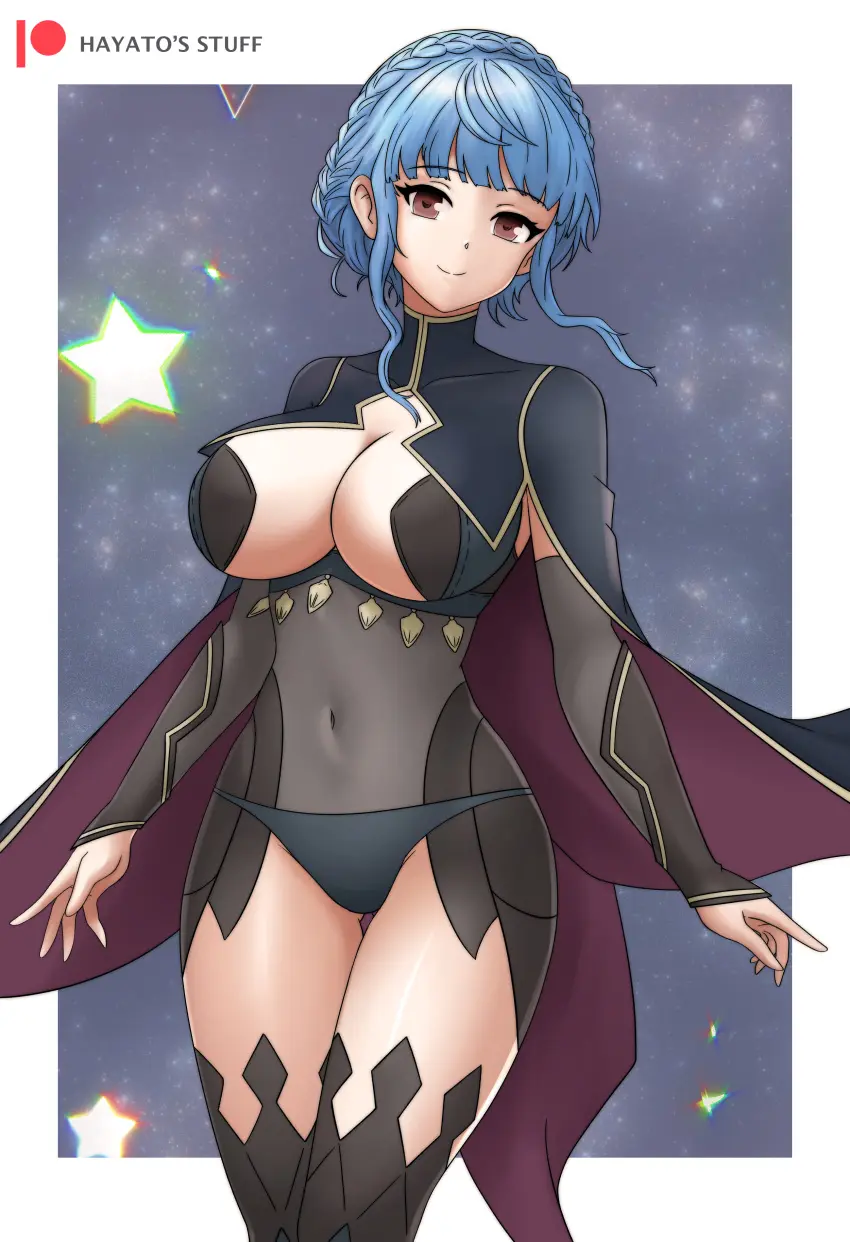 Image 1girls,breasts,brown_eyes,female,female_only,large_breasts,looking_at_viewer,smile,solo,bangs,blue_hair,short_hair,sidelocks,thighhighs,panties,underwear,thighs,bare_thighs,cleavage,ass_visible_through_thighs,nintendo,braid,black_panties,cape,light_blue_hair,alternate_costume,covered_navel,fire_emblem,fire_emblem:_three_houses,star,bodystocking,fire_emblem_fates,cosplay,hayato_stuff,marianne_von_edmund,nyx_(fire_emblem)_(cosplay)