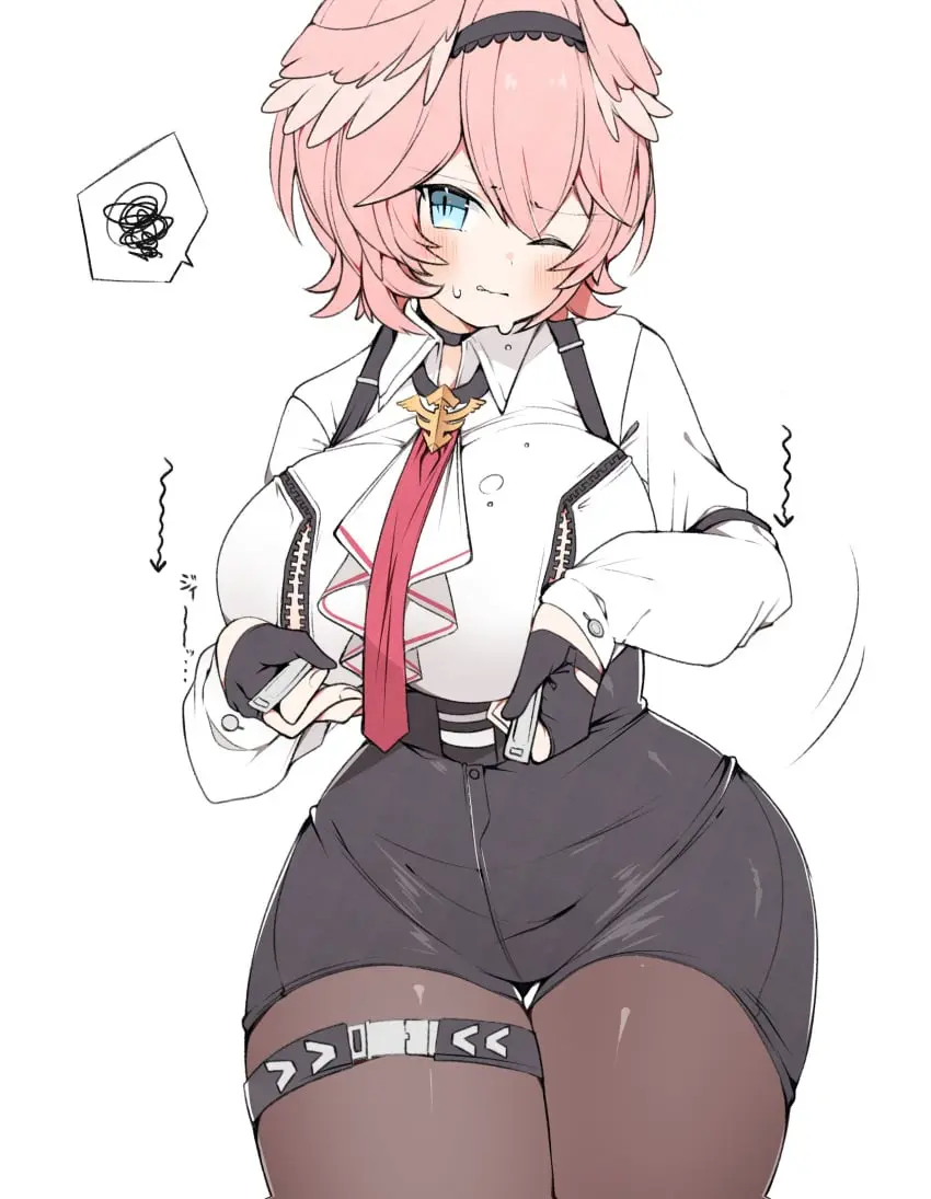 Image 1girls,big_breasts,blush,breasts,clothed,female,solo,blue_eyes,short_hair,wide_hips,virtual_youtuber,pink_hair,thigh_gap,hololive,hololive_japan,big_hips,huge_hips,holox,takane_lui,unzipping,kuma_no_bansoukou,nipple_zipper