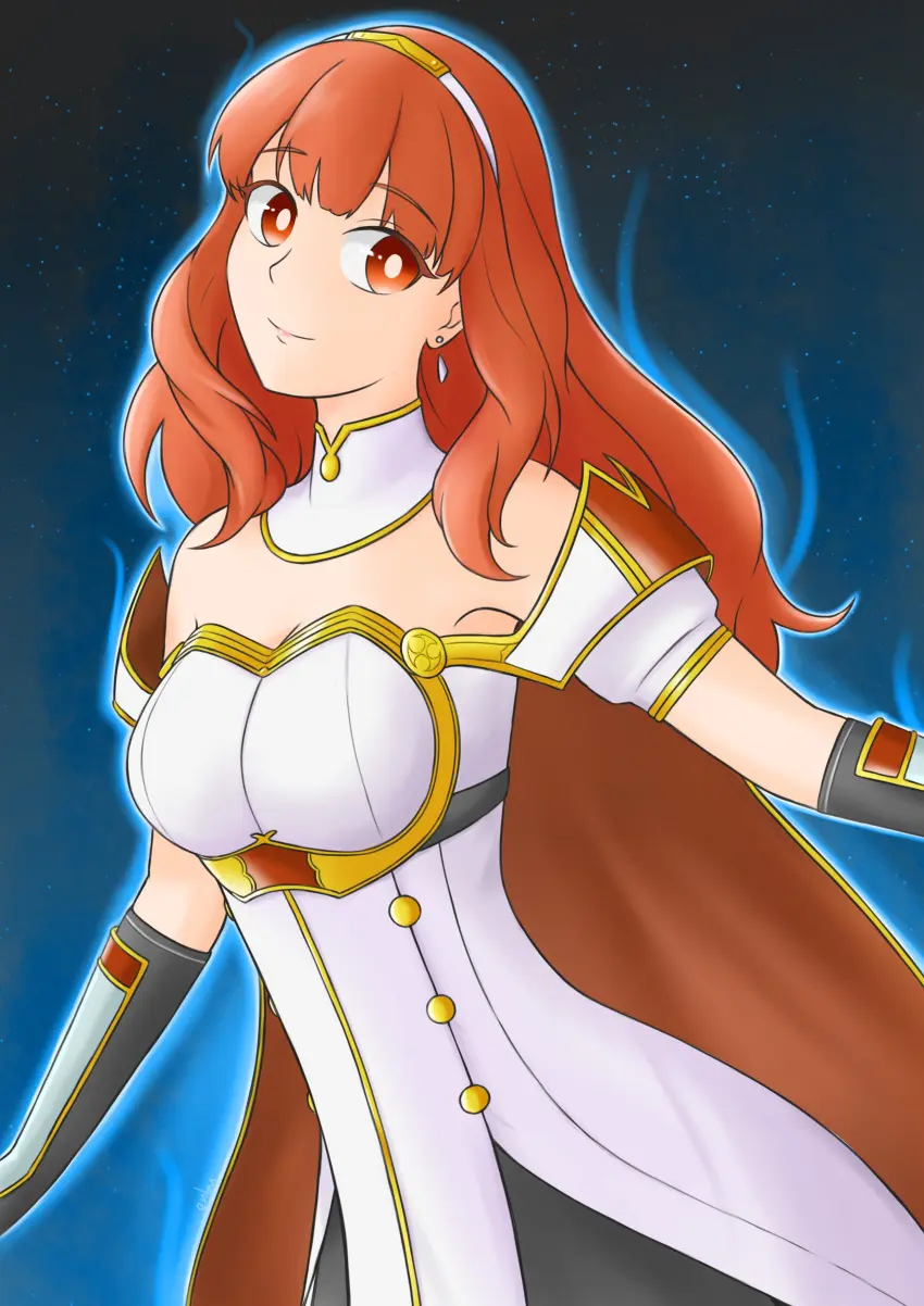 Image 1girls,breasts,female,female_only,long_hair,smile,solo,bangs,elbow_gloves,gloves,earrings,orange_eyes,armpits,bare_shoulders,cleavage,orange_hair,shoulders,medium_breasts,dress,detached_sleeves,nintendo,cape,short_sleeves,fire_emblem,tiara,fire_emblem_engage,aura,celica_(fire_emblem),fire_emblem_echoes:_shadows_of_valentia,blue_aura,emblem_(fire_emblem),enbu