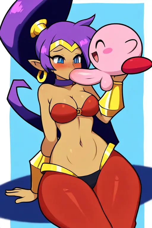 Image 1girls,female,1boy,blue_eyes,male,penis,ponytail,ai_generated,medium_hair,blowjob,abs,pink_body,shantae,shantae_(character),crossover,genie,red_shoes,kirby_(series),genie_girl,kirby