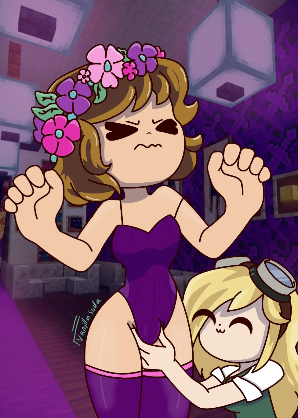 Image female,female_only,human,smile,2girls,flower_in_hair,youtube,brown_hair,mcyt,minecraft,minecraft_youtubers,yuri,:3,squeezing,bunnysuit,yellow_hair,goggles,youtuber,uncomfortable,squeezing_pussy,hermitcraft,falsesymmetry,hermit_gals,stressmonster101