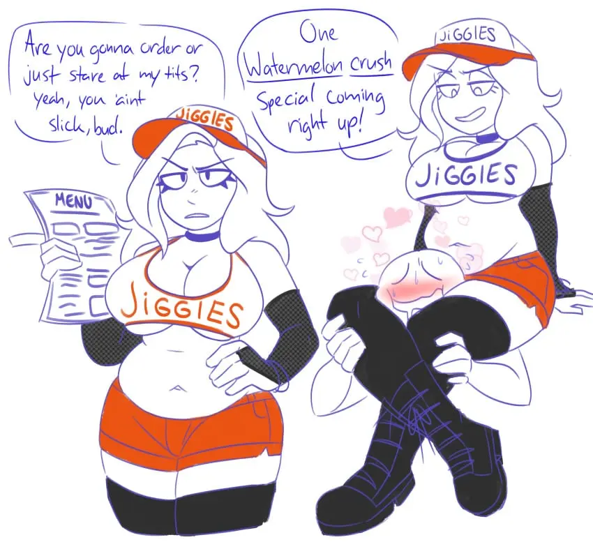 Image choker,thick_thighs,tagme,skimpy,skimpy_clothes,smothering,short_shorts,leg_lock,pudgy_belly,hooters,hooters_uniform,menu,lizielewddle,lizielewddle_(character),hooters_(parody),peonypetals