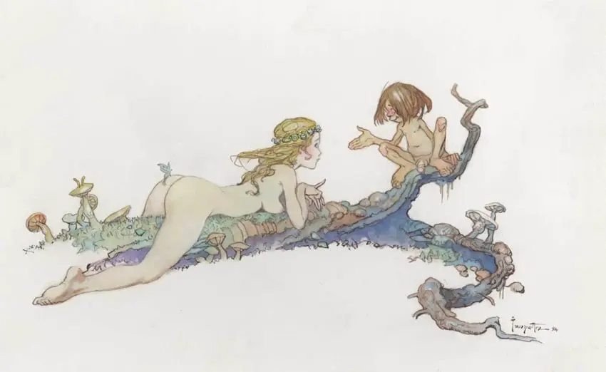 Image 1girls,breasts,female,nipples,white_background,1boy,male,nude,penis,ass,areolae,nude_female,nude_male,blonde_hair,flaccid,lying_on_stomach,casual_nudity,mushroom,dwarf,tree_branch,small,flower_crown,dwarf_male,frank_frazetta