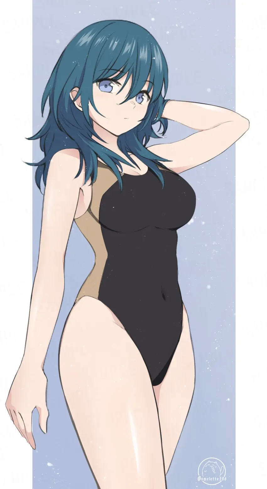 Image 1girls,breasts,female,female_only,highres,solo,standing,blue_eyes,blue_background,cleavage,medium_breasts,one-piece_swimsuit,swimsuit,medium_hair,nintendo,grey_eyes,alternate_costume,covered_navel,fire_emblem,fire_emblem:_three_houses,highleg,byleth_(fire_emblem),black_swimsuit,byleth_(fire_emblem)_(female),teal_hair,black_one-piece_swimsuit,highleg_swimsuit,competition_swimsuit,komurice