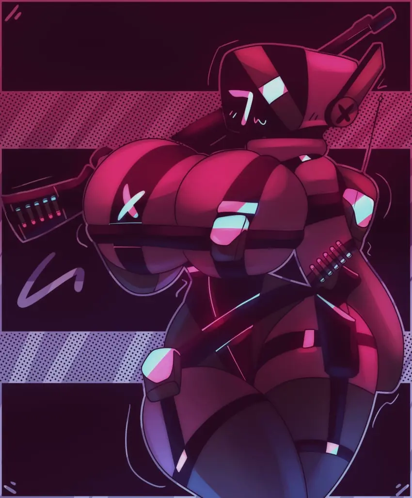 Image 1girls,big_breasts,breasts,female,female_only,looking_at_viewer,solo,thick_thighs,thighs,wide_hips,hips,shaded,2d,breasts_bigger_than_head,tagme,2024,stripes,robot,robot_girl,gun,android,blue,android_girl,half-naked,ludicrousspeeds,pink,ammo_belt,ammunition,tosty_(ludicrousspeeds)